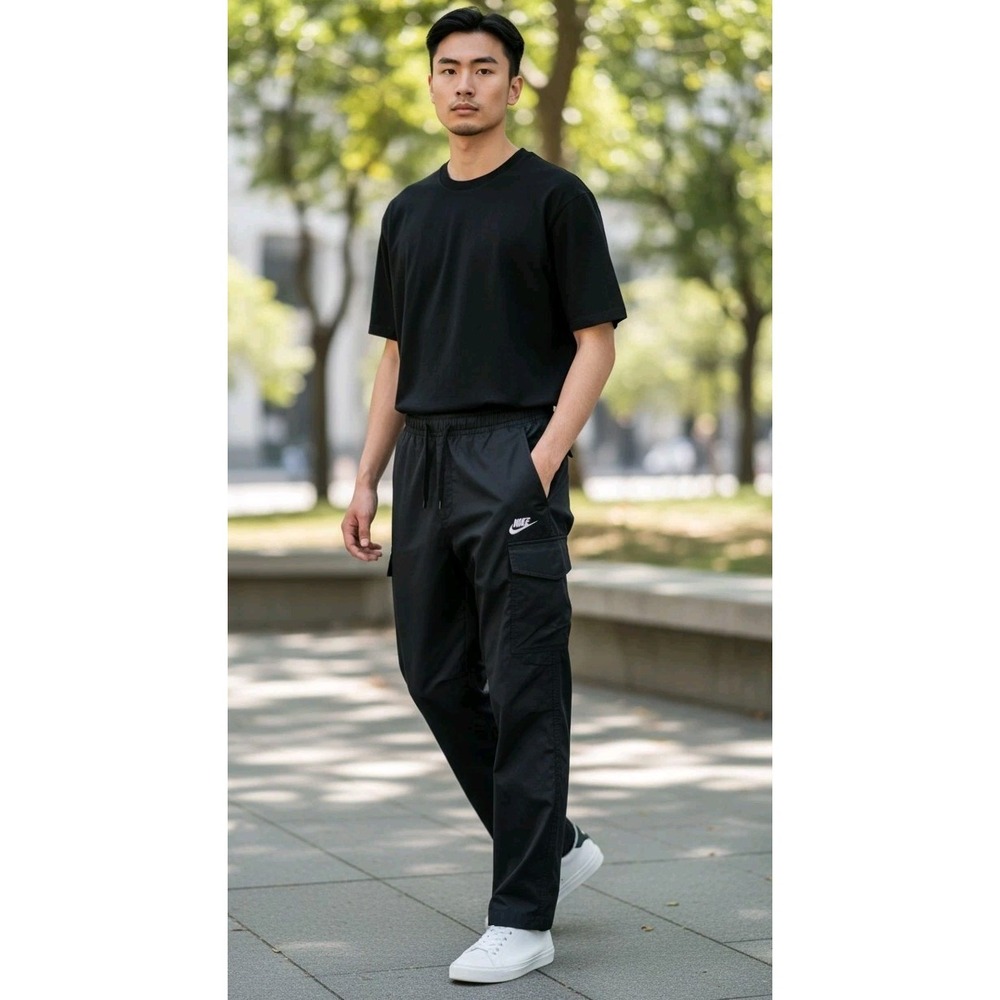 Vtg Nike Cargo Pants Mens M 28-32x28 Black Tapered Utility Swoosh Logo